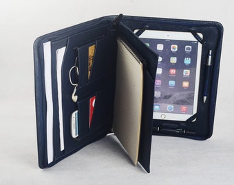 iPad Mini Leather Portfolio: Jewelry Blue Cowhide, Zippered Notepad Holder