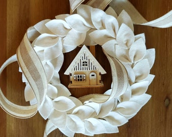 Small White Farmhouse Wreath - Wool Felt Leaf Wreath - Farmhouse Decor - Candle Wreath - 11" Outside Diameter