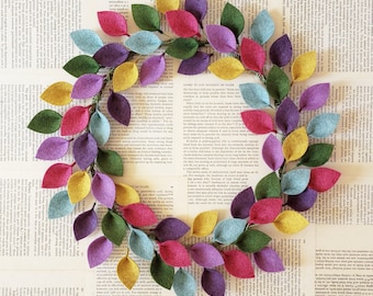 18" Spring Wool Felt Leaf Wreath in Pink, Purple, Green and Blue - Spring Door Decor - Easter Wreath