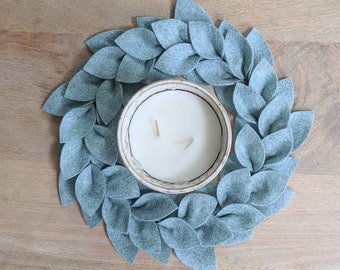 Small Farmhouse Wreath - Blue Gray Wool Felt Leaf Wreath - Farmhouse Decor - 11" Outside Diameter