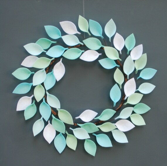 Felt Leaf Wreath in Aqua, Mint, and White Modern Wreath 20 Felt Leaf Wreath in Aqua, Mint, and White Modern Wreath 20