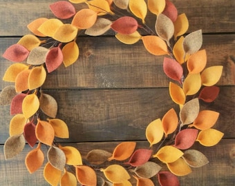 Fall Leaves Wreath "Pumpkin Spice" - Wool Felt Leaf Wreath for Autumn -Thanksgiving Wreath - 18” Outside Diameter - Made to Order