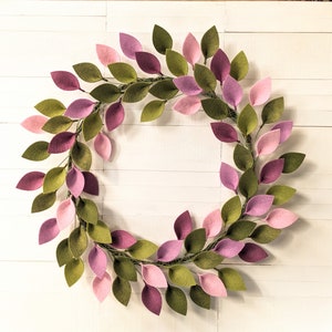 18" Spring Wool Felt Leaf Wreath in Pink, Purple, and Green - Spring Door Decor - Easter Wreath