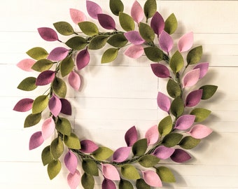 18" Spring Wool Felt Leaf Wreath in Pink, Purple, and Green - Spring Door Decor - Easter Wreath