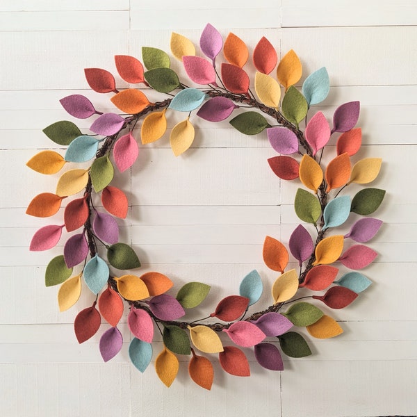 Soft Felt Rainbow Wreath / Wool Felt Leaf Wreath / Modern Wreath / 18" Outside Diameter