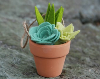 Tiny Faux Succulents in a Clay Pot / Felt Succulent Ornament / Artificial Succulent Plants / With or Without Twine Hanger