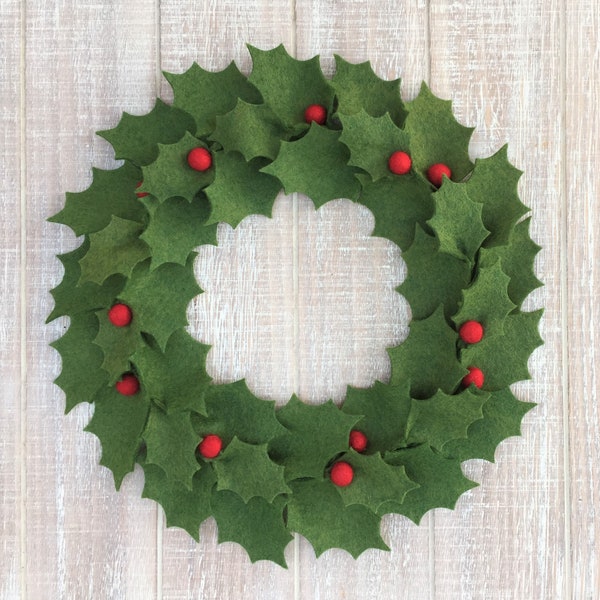Felt Holly Wreath - Small Christmas Wreath - Holly Candle Ring - Table Centerpiece - 11" Outside Diameter