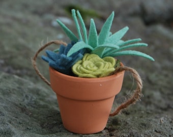 Tiny Felt Succulents in a Clay Pot - Faux Succulents - Potted Air Plant - Artificial Succulents - Felt Plants - With or Without Twine Hanger