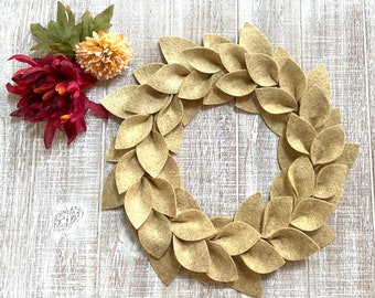 Small Beige Farmhouse Wreath - Neutral Wool Felt Leaf Wreath - Farmhouse Decor - Candle Wreath - 11" Outside Diameter