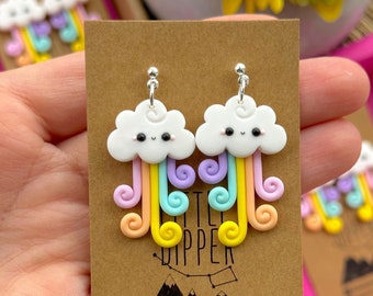 Rainbow Cloud Earrings | Polymer Clay Drop Earrings | Kawaii Handmade Earrings