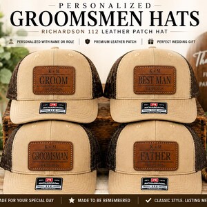 May include: Four tan and brown trucker hats with leather patches. Each patch is engraved with K + M, a date, and a role: GROOM, BEST MAN, GROOMSMAN, or FATHER. The hats feature a Richardson 112 label on the brim and a mesh back design.