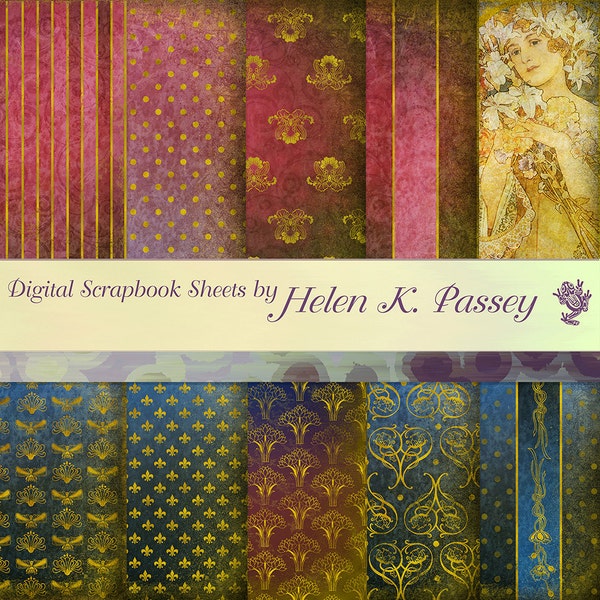 Digital Scrapbook Paper Set, Jewel-Tone Art Nouveau