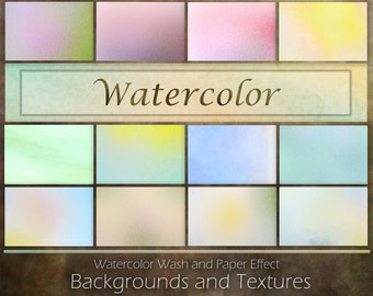 Puede incluir: Una colección de 12 fondos y texturas de acuarela en varios tonos de verde, rosa, amarillo, azul y blanco. Los fondos tienen un aspecto suave y descolorido, como si hubieran sido pintados con acuarelas sobre papel.