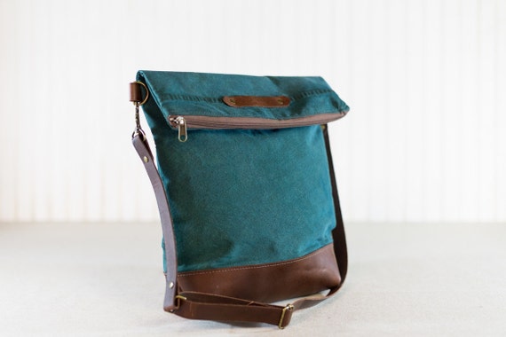 Items similar to Messenger Tote w/ Leather Strap: Leather & Army Canvas ...