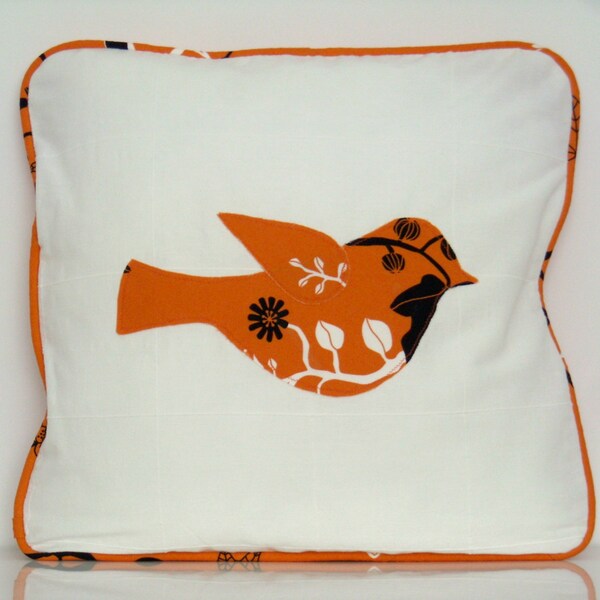 Bird floral cushion cover -  handmade - orange black white