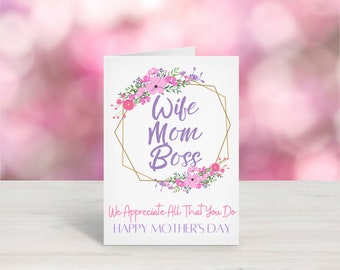 Printable Mothers Day Card / Funny Mother's Day Card / Wife Mom Boss / Happy Mothers Day / Funny Mom Card / Digital Download