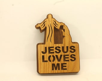 Jesus Loves Me wall hanging decoration handcrafted from oak and walnut.