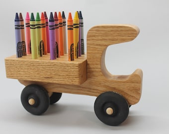 Handcrafted Wooden Truck Crayon Holder Gift Set - Includes 16 Crayons