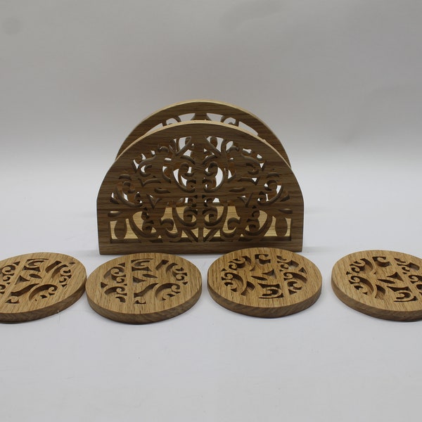 Napkin holder and matching coasters set, hand cut from oak or cherry. Great housewarming gift