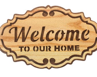 Scroll Saw Welcome Sign - Oak and Sapele Wood, Housewarming Gift