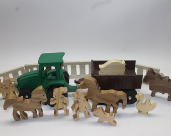 Interactive Wooden Toy Farm Set - Perfect for Pretend Play with Tractor, Wagon, Fence, and Animal Figures