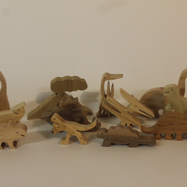 Premium Handmade Dinosaur Set: Large Size, Made of Solid Hardwoods, Complete with Volcano