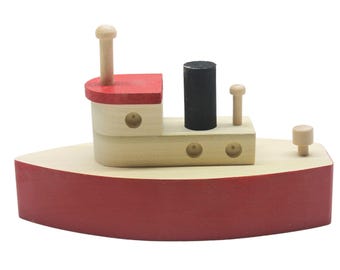 Toy wood tugboat, indoor use only (not made to float). Handcrafted from hardwood