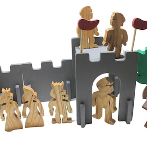 Wood toy castle set with take-apart walls, dragons, knights, horses and a royal family
