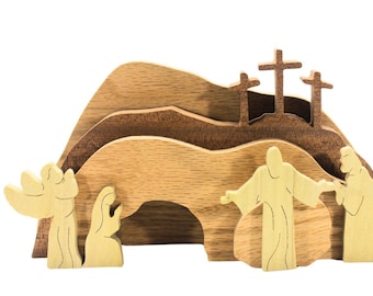 Resurrection Sunday scene handcrafted from oak, maple, and Sapele. Display at Easter or all year long