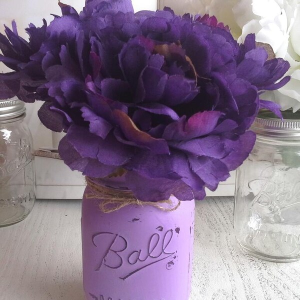 Cottage Chic Purple Peony Flower Pens with Mason Jar Vase