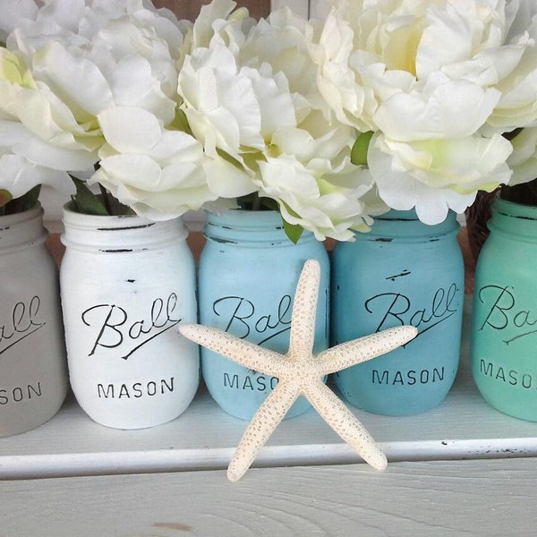 5 Painted Mason Jar Vases Cottage Chic Centerpiece Seaside Inspired