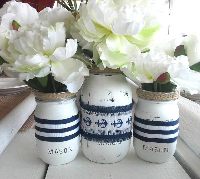 Nautical Centerpiece Painted Mason Jar Vases3 vases Etsy