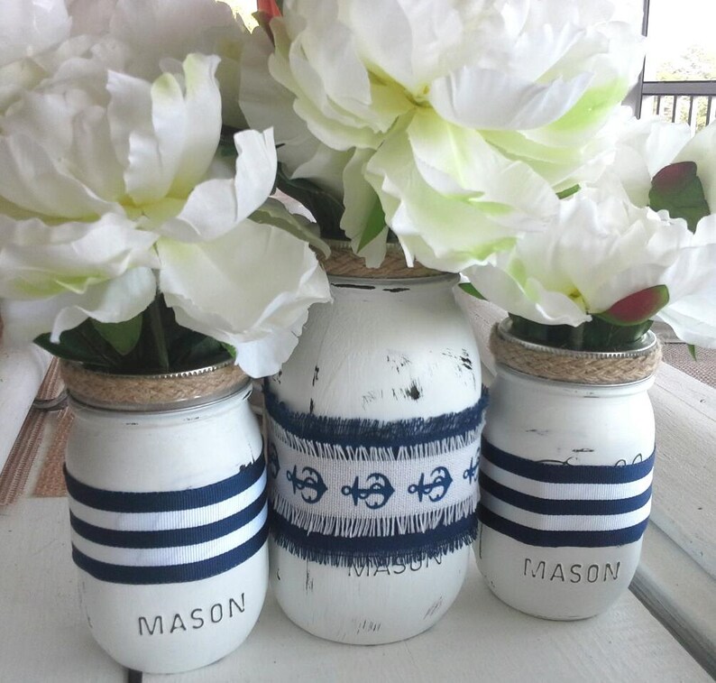 Nautical Centerpiece Painted Mason Jar Vases3 vases Etsy