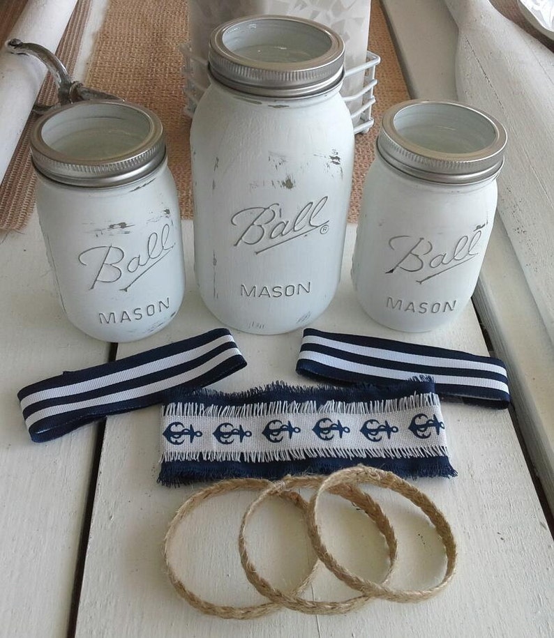 Nautical Centerpiece Painted Mason Jar Vases3 vases Etsy