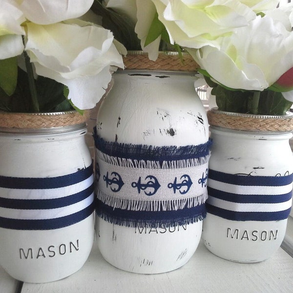 Nautical Centerpiece Painted Mason Jar Vases(3 vases)
