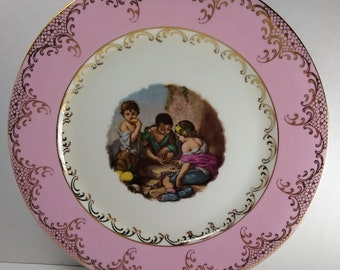 Vintage Western Germany Gloria Porcelain Plate, Scene with 3 Children, Pink & Gold Trim