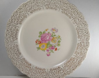 Vintage Keystone Canonsburg Pottery Company Flowered 10" Plate With Gold Rim