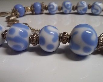 Unique One of a Kind lampwork Bead Necklace in Periwinkle Blue and White