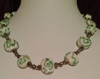 Lampwork Bead Necklace in Green and White Beautiful One of a Kind