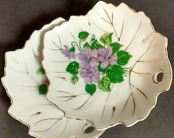 Pair Berkshire Fine China Floral Mini Decorative Plates Hand Painted Leaf Shaped Gold Trim