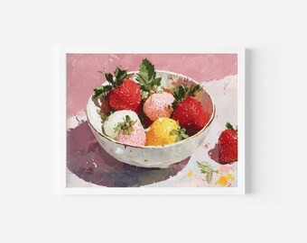 Lámina artística de naturaleza muerta con fresas: decoración de cocina estilo cottagecore pastel (descarga digital)
