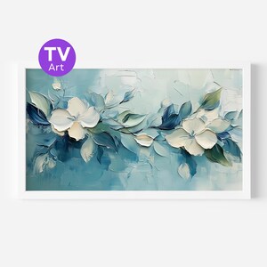Magnolia Frame TV Art – Coastal Blue Floral, Palette Knife Texture (Digital Download)