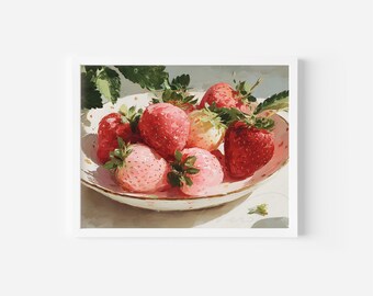 Lámina artística de naturaleza muerta con fresas – Decoración de cocina estilo cottagecore vintage (descarga digital)