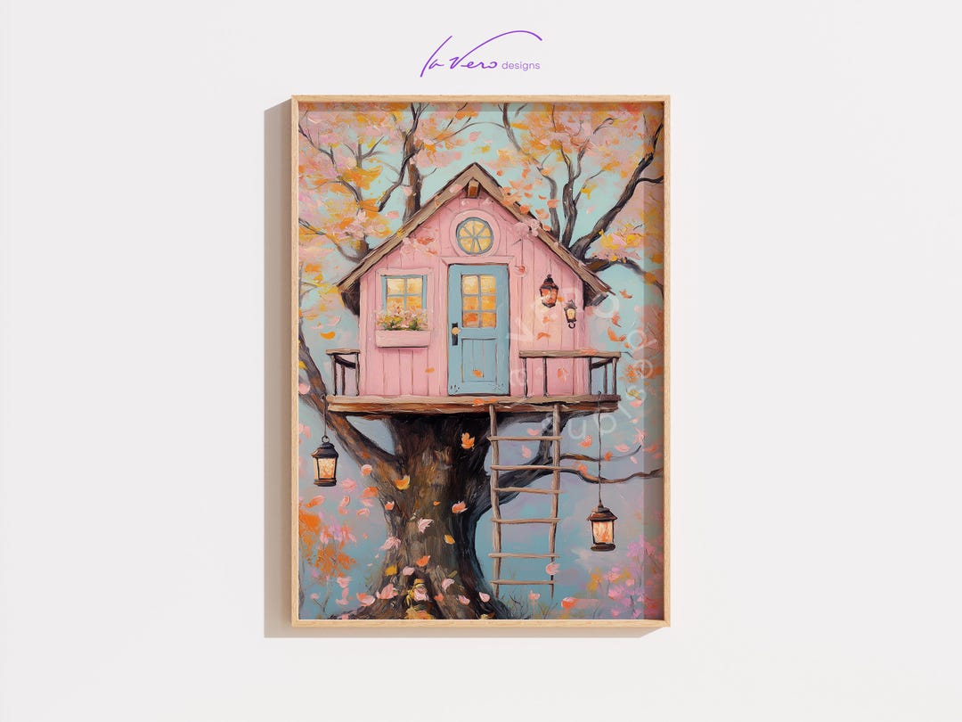 Treehouse Print Pink Treehouse Art Print, Whimsical Kids Room Decor, Fantasy Tree House ...