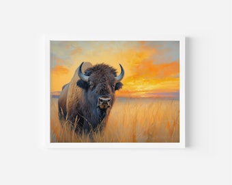 Bison Sunset Landscape Printable Wall Art, Farmhouse Decor (Digital Download)