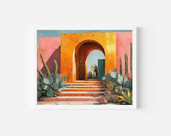 地中海のアーチ道の絵画 - 黄金の出入り口、ボヘミアン風ウォールアート（デジタルダウンロード）