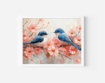 Bluebird Art Print, Vintage Floral Bird Painting (Digital Download)