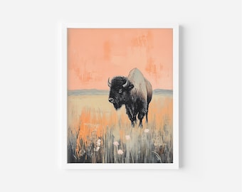 Vintage Bison Sunset Print, Rustic Prairie Landscape (Downloadable Poster)
