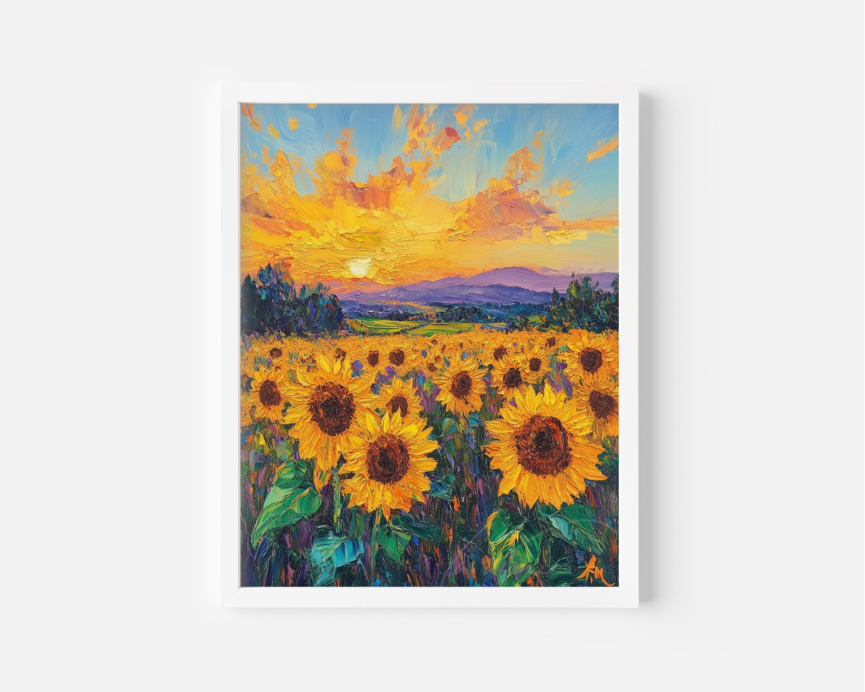 ひまわり畑の風景画、黄金の夕焼けの絵画(デジタルダウンロード ひまわり畑の風景画、黄金の夕焼けの絵画(デジタルダウンロード