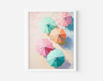 Pastel Beach Umbrellas Aerial Art Print – Coastal Seascape (Digital Download)